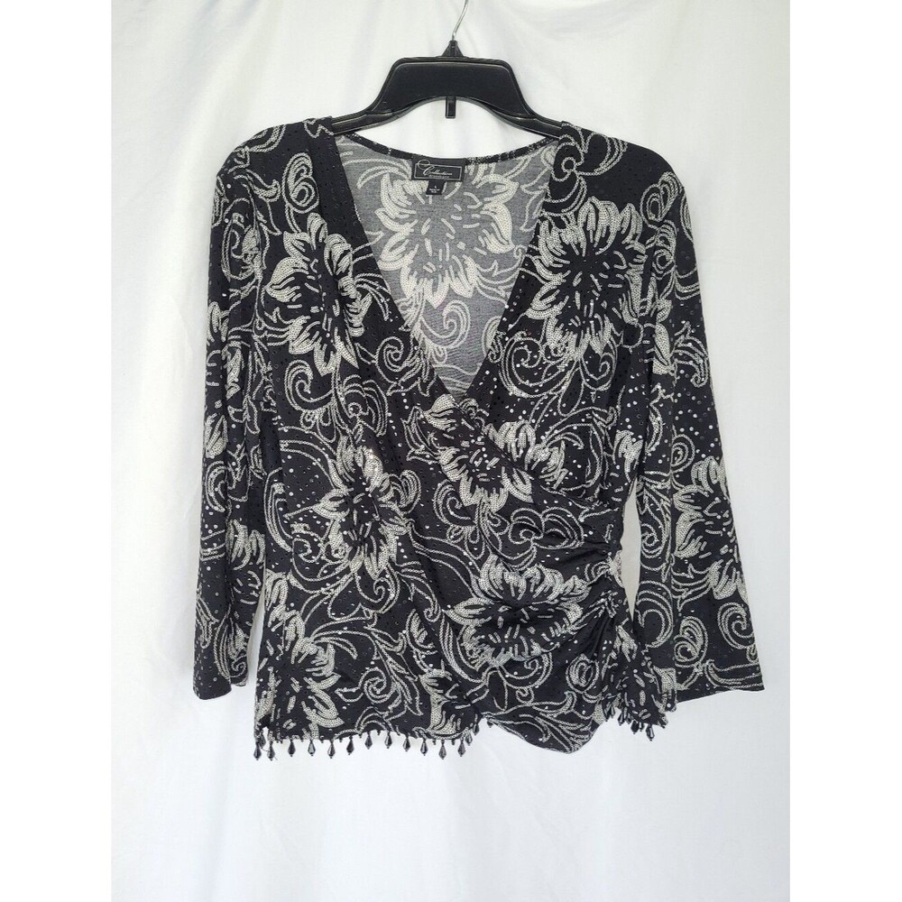 Collection dressbarn Size Large Black & White Floral Wrap Beaded Sequins Blouse